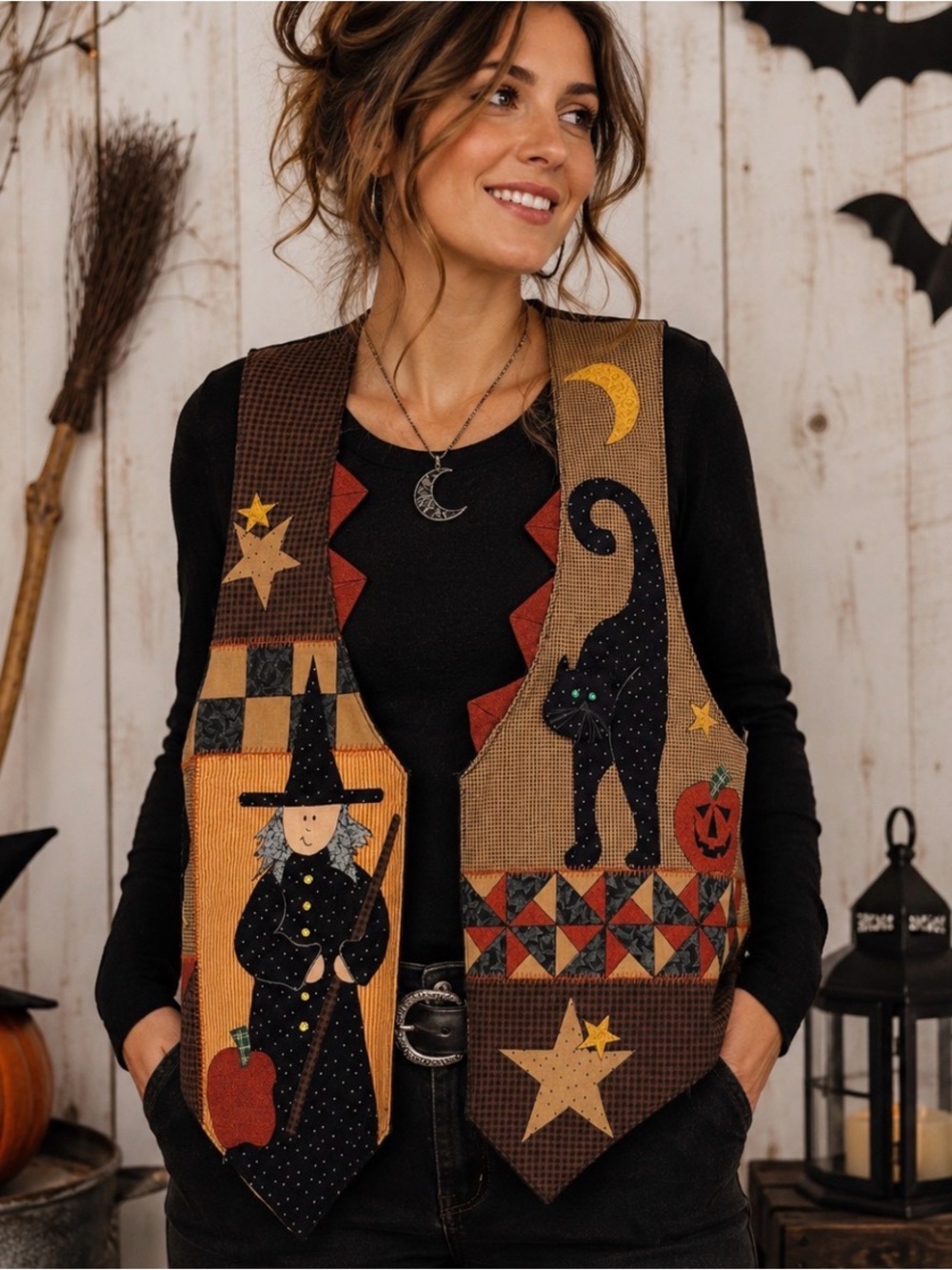 Handmade Halloween Patchwork Vest L Black Cat Witch Bat Appliqué Cottagecore